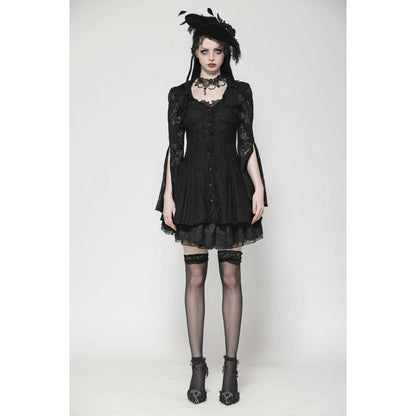 Dark in Love Luca Black Hollow Lace Gemstone Button Adjustable Waist Dress