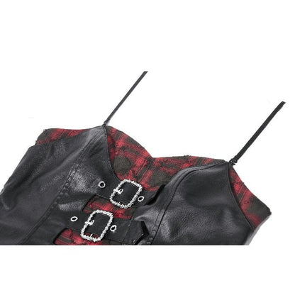 Dark in Love Red-Black Plaid Leather Layered Punk Sweetcore Dress