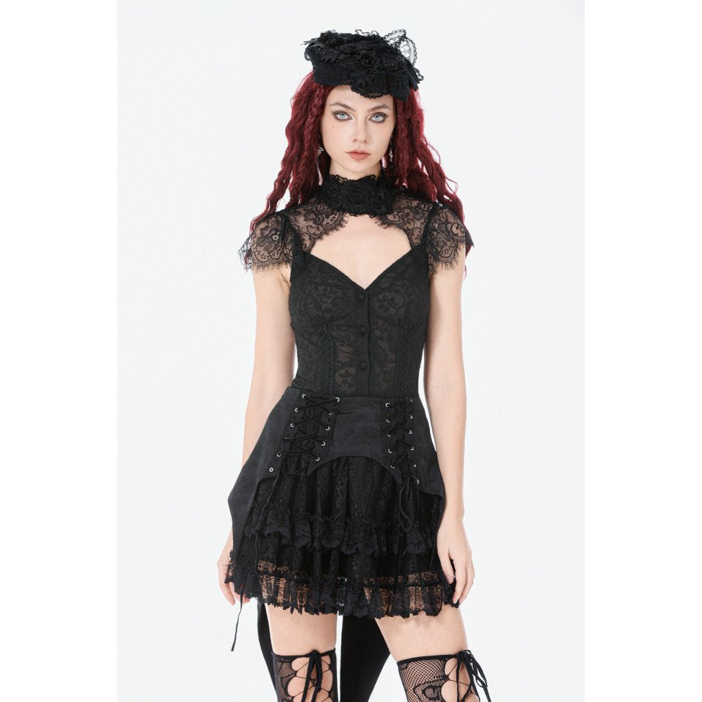 Black Floral Lace High-Neck Gothic Shoulder-Mantle Corset Top