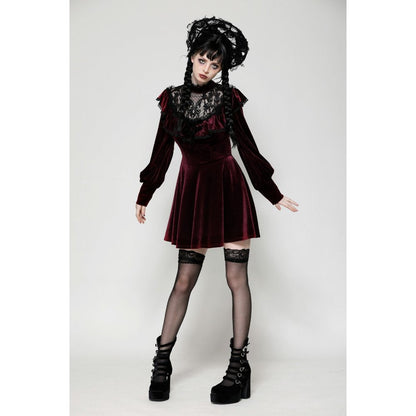 Dark in Love Verity Burgundy Velvet Dress with Black Gothic Lace