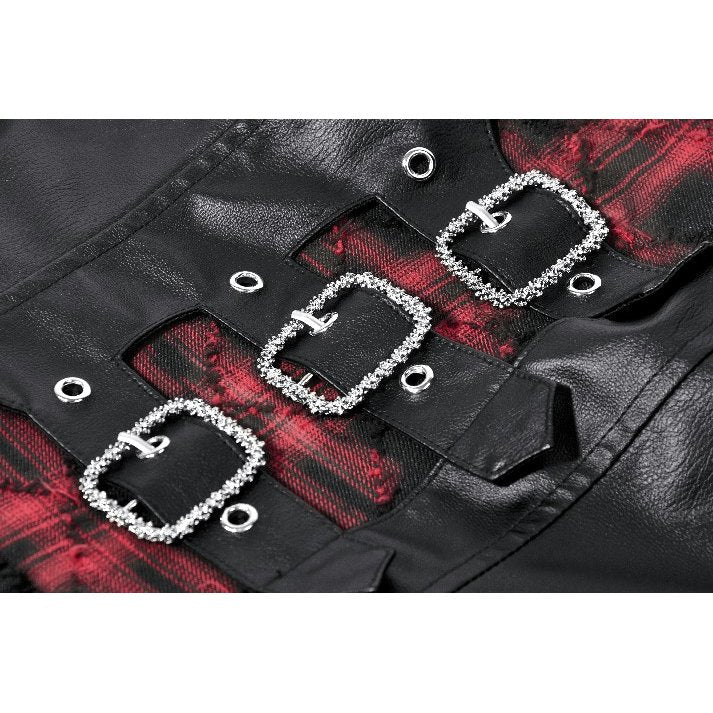 Dark in Love Red-Black Plaid Leather Layered Punk Sweetcore Dress