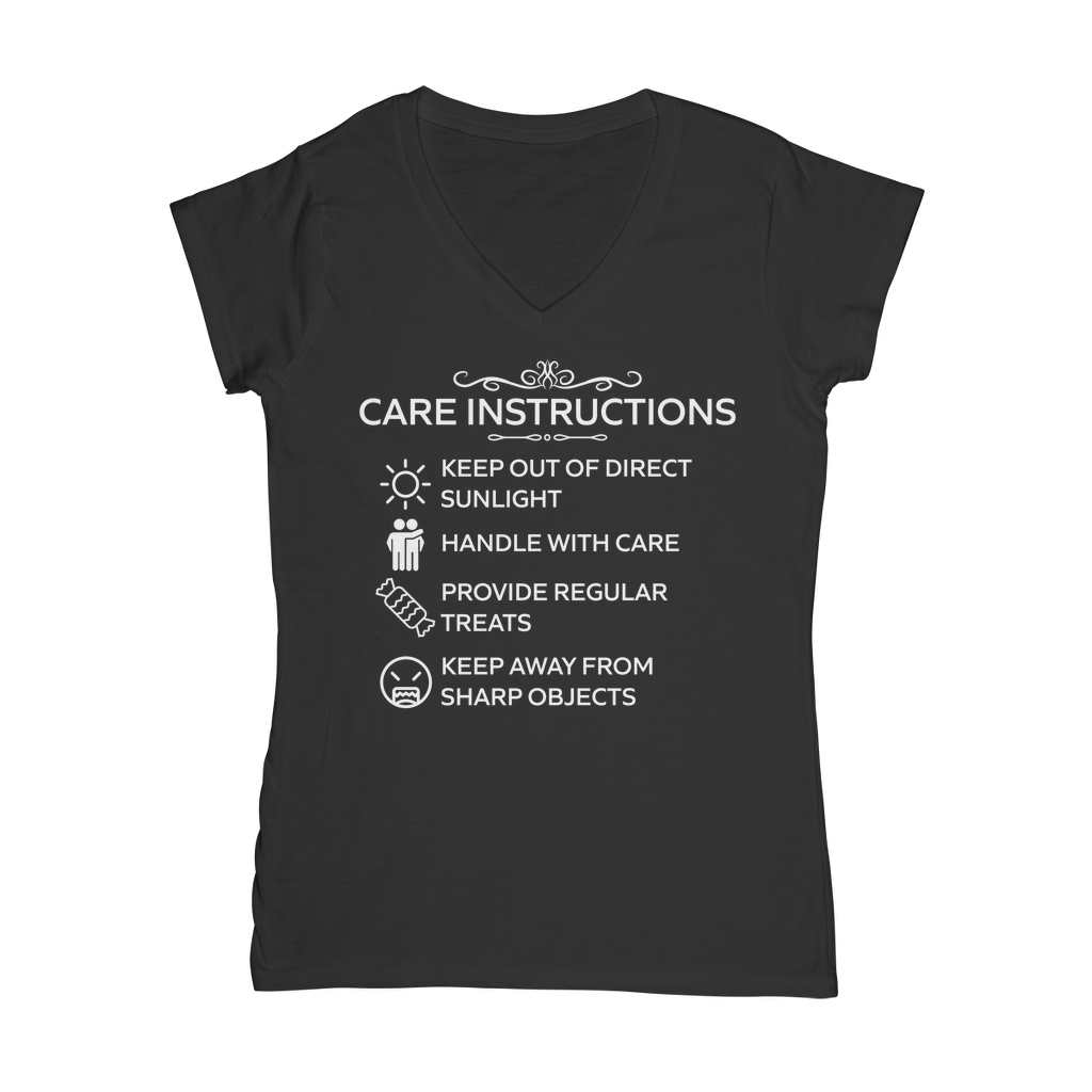 Care Instructions White Print V‑Neck T‑Shirt | Fitted Cotton Tee with Funny Graphic