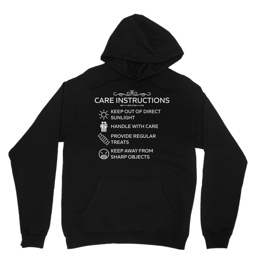Care Instructions White Print Classic Hoodie | Funny Ethical Unisex Hoodie