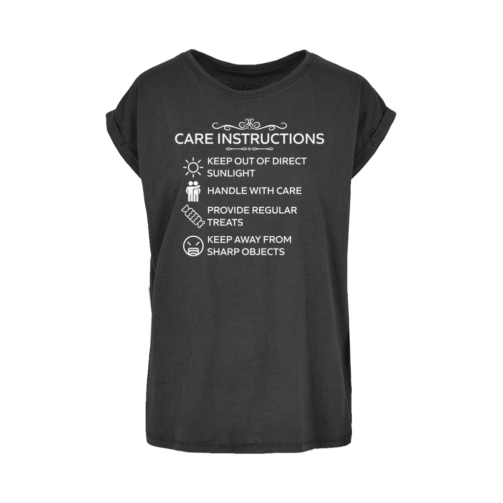 Care Instructions White Print Women's Extended Shoulder T-Shirt XS–5XL | Funny Loose Fit Tee