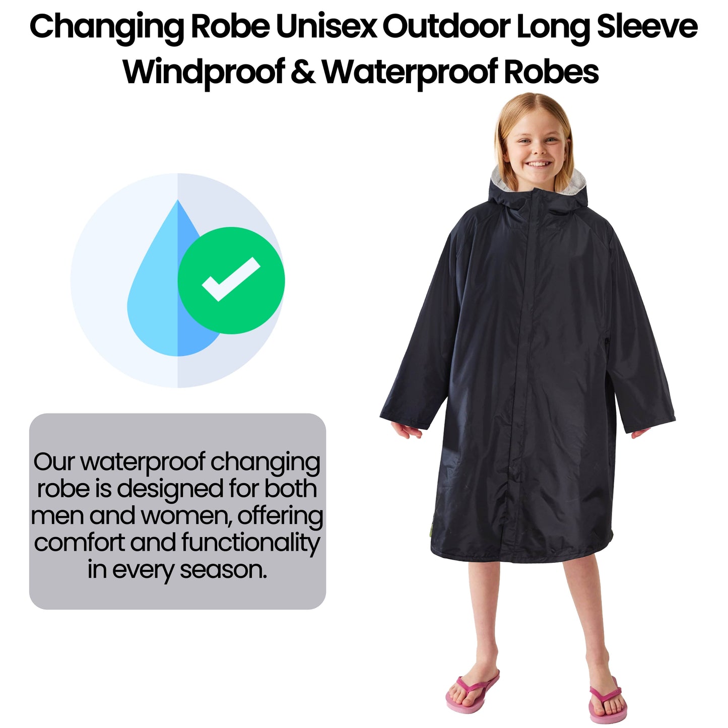 Changing Robe Kids Unisex Hooded Coat Black/Grey Windproof Waterproof Quick Dry for Beach Surfing Swimming by Heatwave Thermalwear