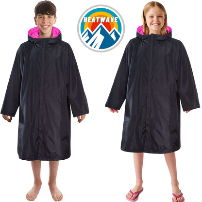 Changing Robe Kids Unisex Hooded Coat Black/Pink Windproof Waterproof Quick Dry for Beach Surfing Swimming by Heatwave Thermalwear