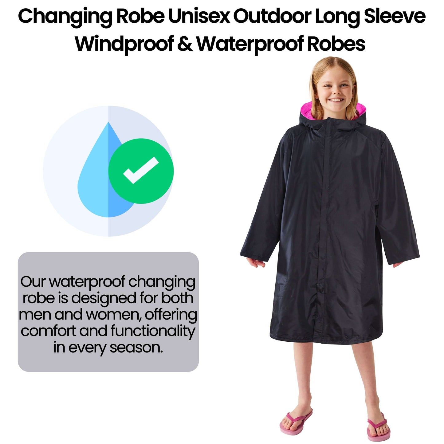 Changing Robe Kids Unisex Hooded Coat Black/Pink Windproof Waterproof Quick Dry for Beach Surfing Swimming by Heatwave Thermalwear