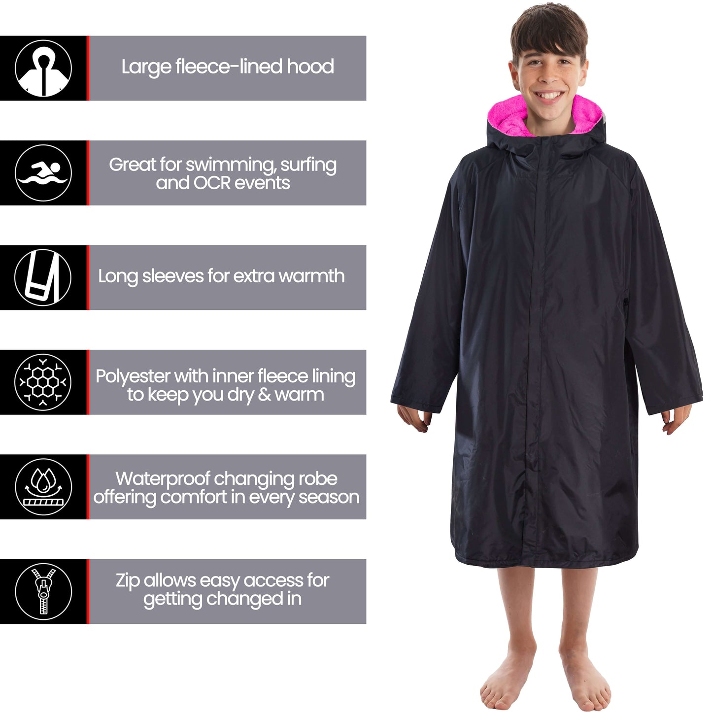 Changing Robe Kids Unisex Hooded Coat Black/Pink Windproof Waterproof Quick Dry for Beach Surfing Swimming by Heatwave Thermalwear