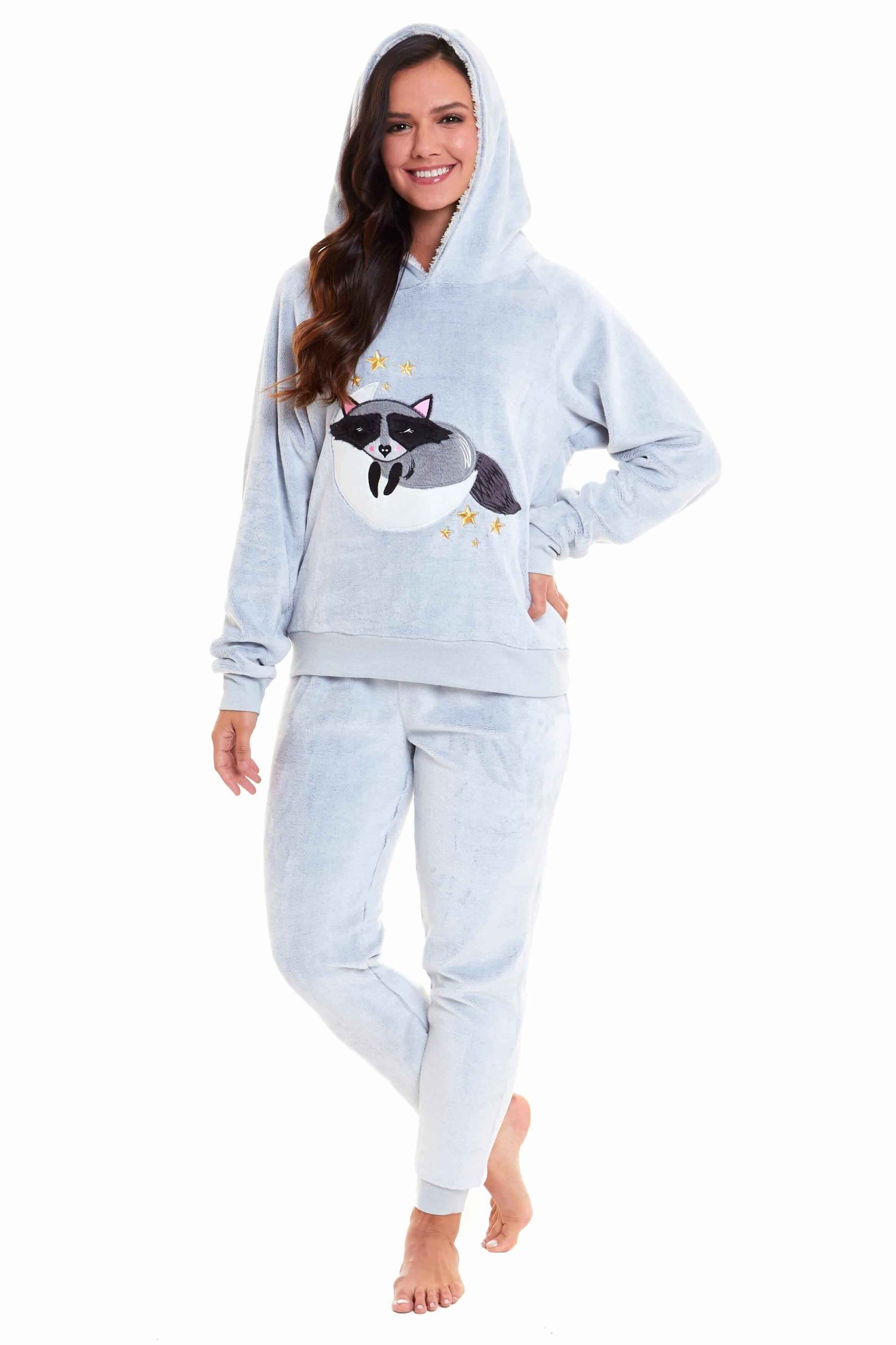 Cuddly Raccoon Fleece Hooded Pyjama Set for Women and Girls Super Soft Sherpa Lined Nightwear Ideal Mother Daughter Gift Cosy Boutique by Daisy Dreamer