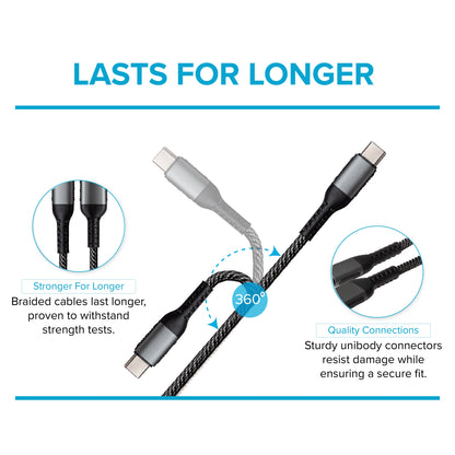 Maplin USB-C to USB-C 60W PD Braided Cable - Silver