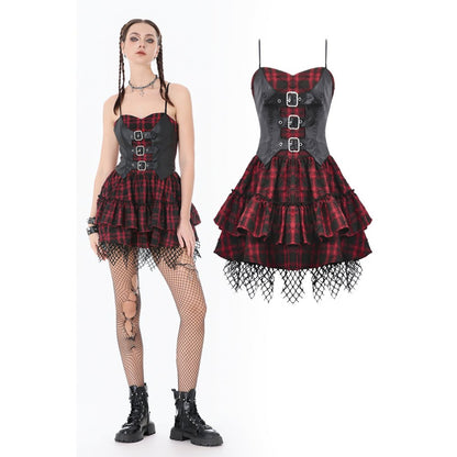 Dark in Love Red-Black Plaid Leather Layered Punk Sweetcore Dress