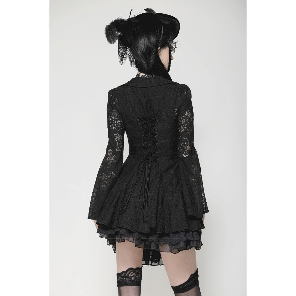 Dark in Love Luca Black Hollow Lace Gemstone Button Adjustable Waist Dress