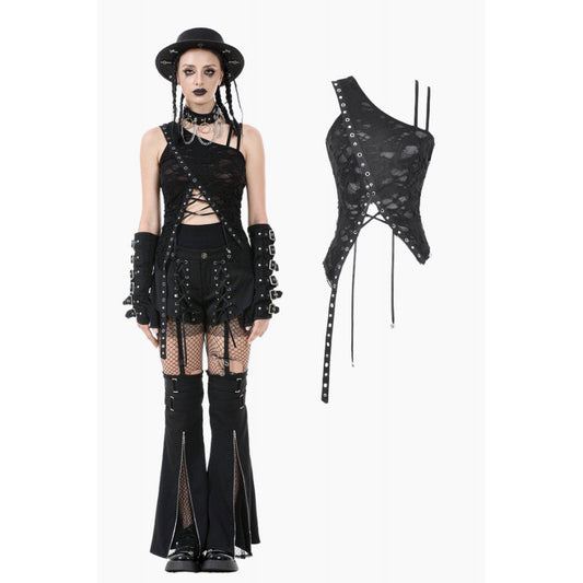 Dark in Love Morrigan One-Shoulder Lace Goth Top in Black