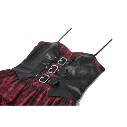 Dark in Love Red-Black Plaid Leather Layered Punk Sweetcore Dress