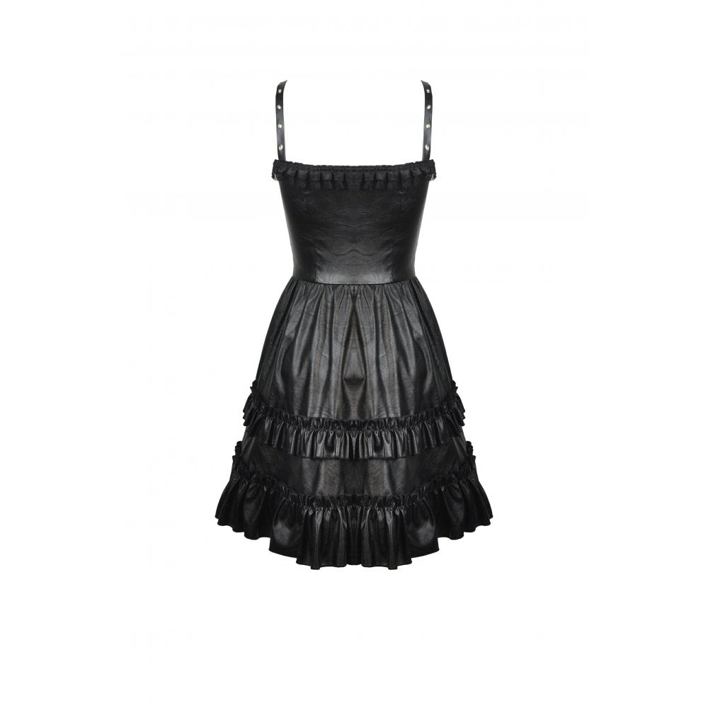 Dark In Love Goth Womenswear Ariella Strap Dress in Black Faux Leather with Ruffles