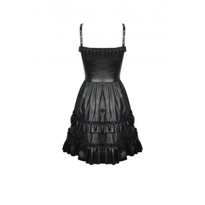 Dark In Love Goth Womenswear Ariella Strap Dress in Black Faux Leather with Ruffles
