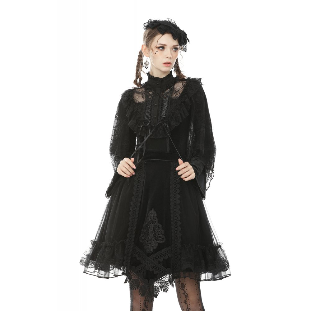 Dark in Love Melisandre Embroidered Velvet Mesh Goth Skirt in Black