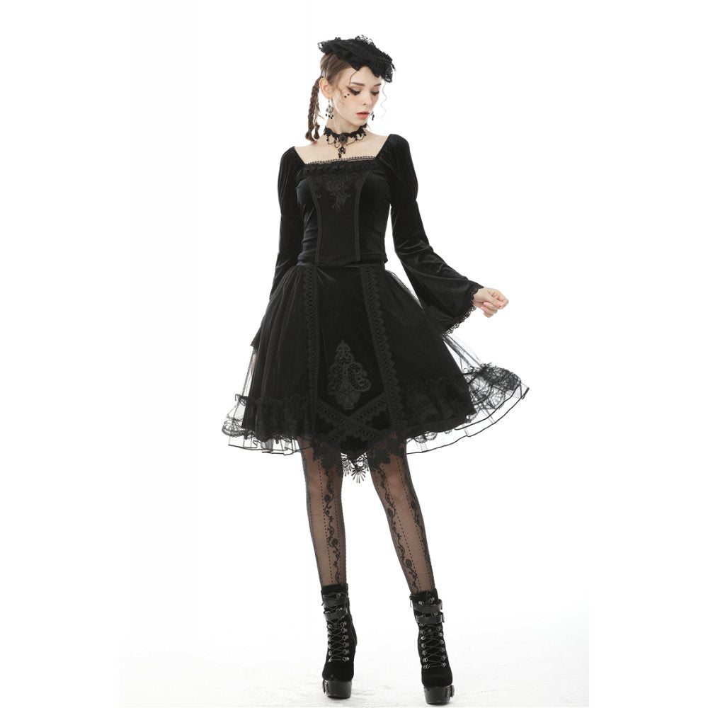 Dark in Love Melisandre Embroidered Velvet Mesh Goth Skirt in Black