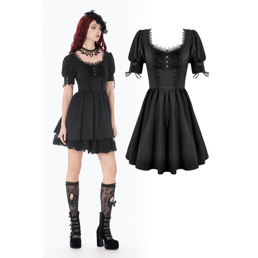 Dark in Love Gothic Lace Square-Neck Puff Sleeve Dress