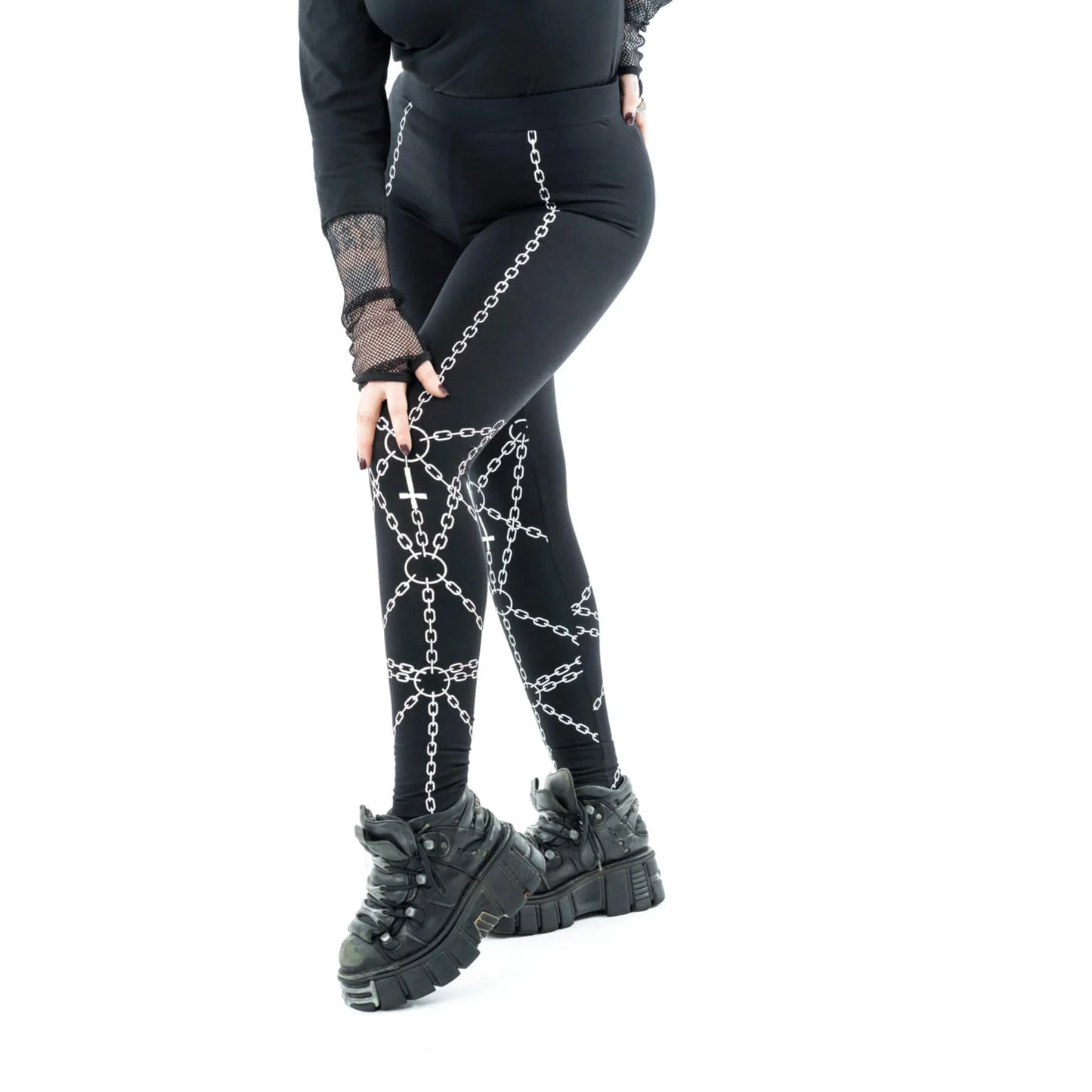 Heartless Black Enchained Leggings with White Chains Print