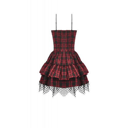 Dark in Love Red-Black Plaid Leather Layered Punk Sweetcore Dress