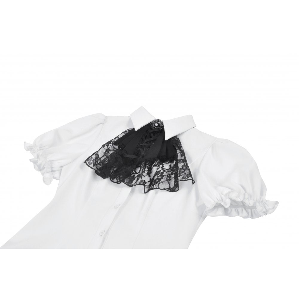 Dark in Love Elysia Ruffle Bib Puff Sleeve Goth Blouse in White