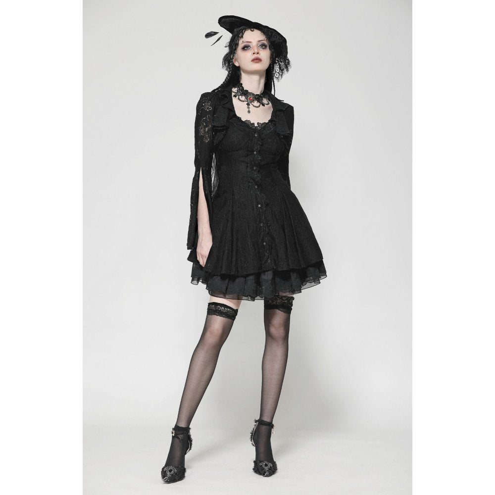 Dark in Love Luca Black Hollow Lace Gemstone Button Adjustable Waist Dress