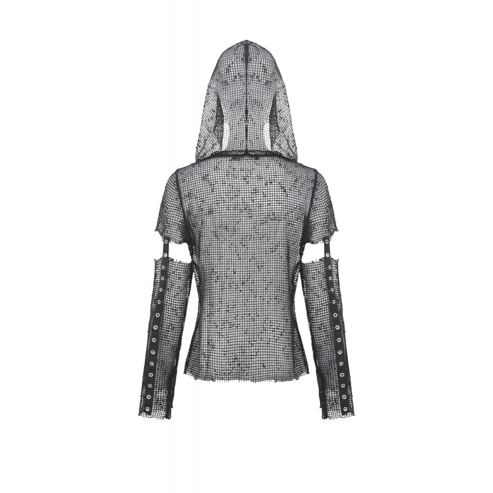 Dark in Love Punk Mesh Hollow-Out Hooded Top