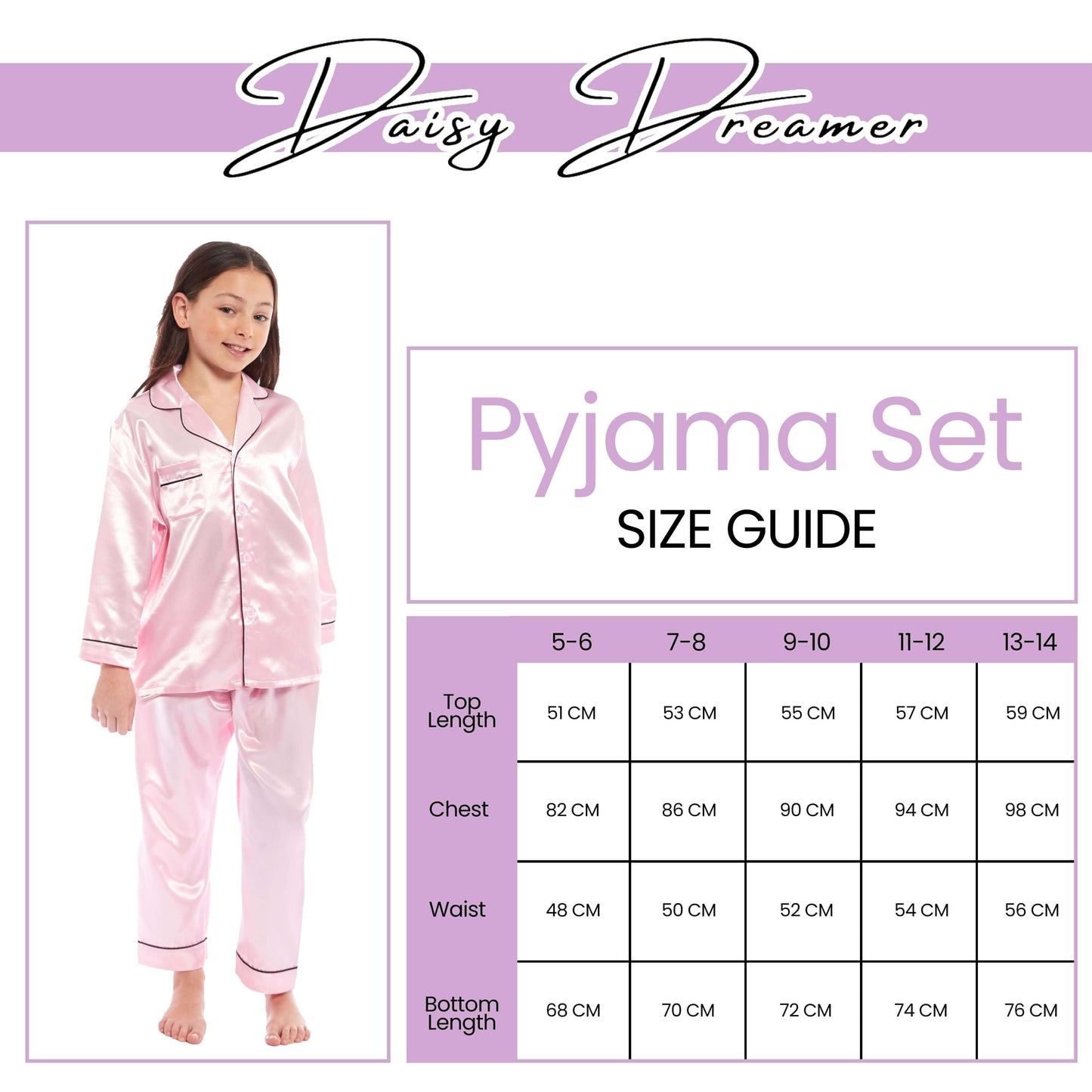 Girls Long Sleeve Satin Silk Pyjama Set Comfortable Button-Down Sleepwear in Black Pink Grey Sizes 5-14 YRS by Daisy Dreamer