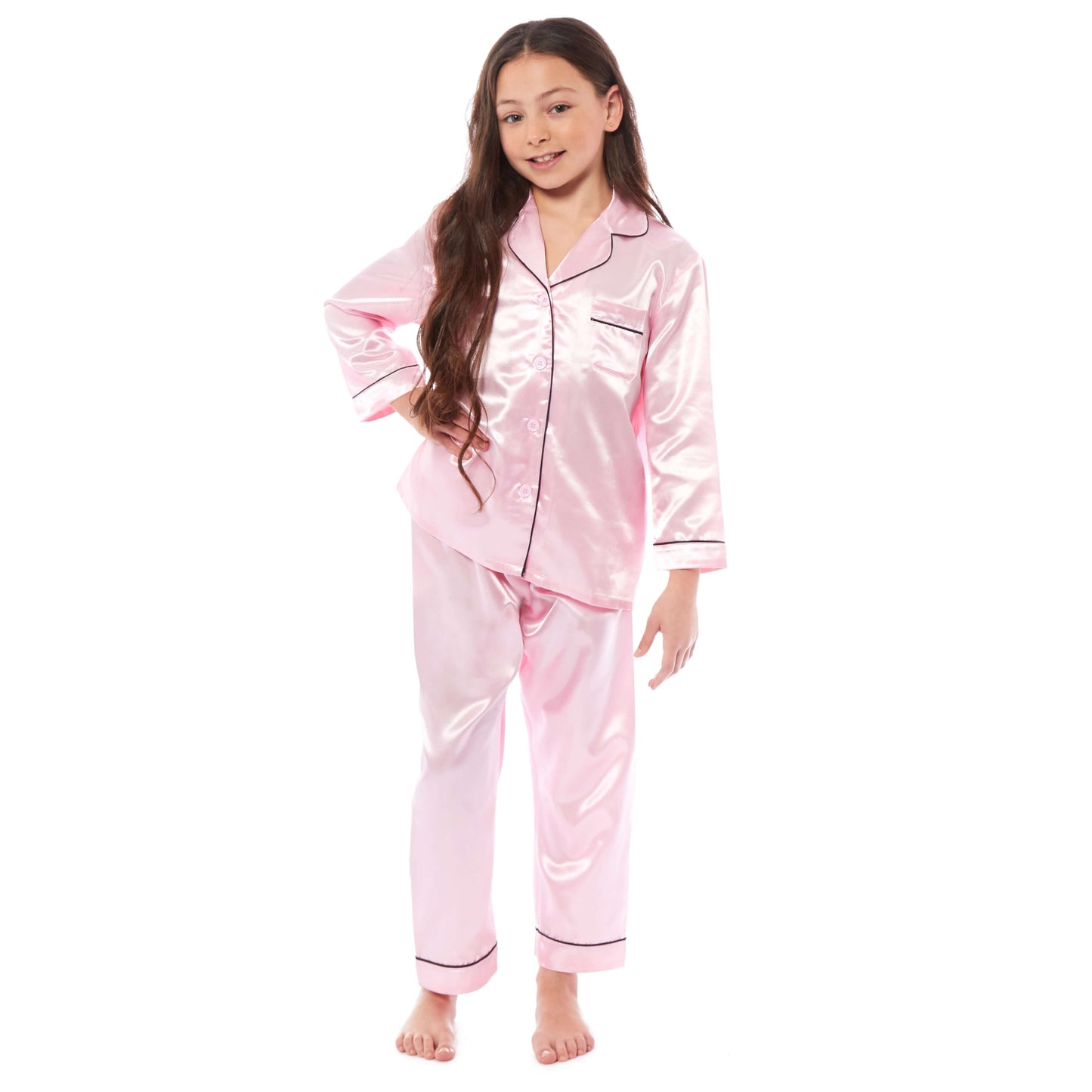 Girls Long Sleeve Satin Silk Pyjama Set Comfortable Button-Down Sleepwear in Black Pink Grey Sizes 5-14 YRS by Daisy Dreamer