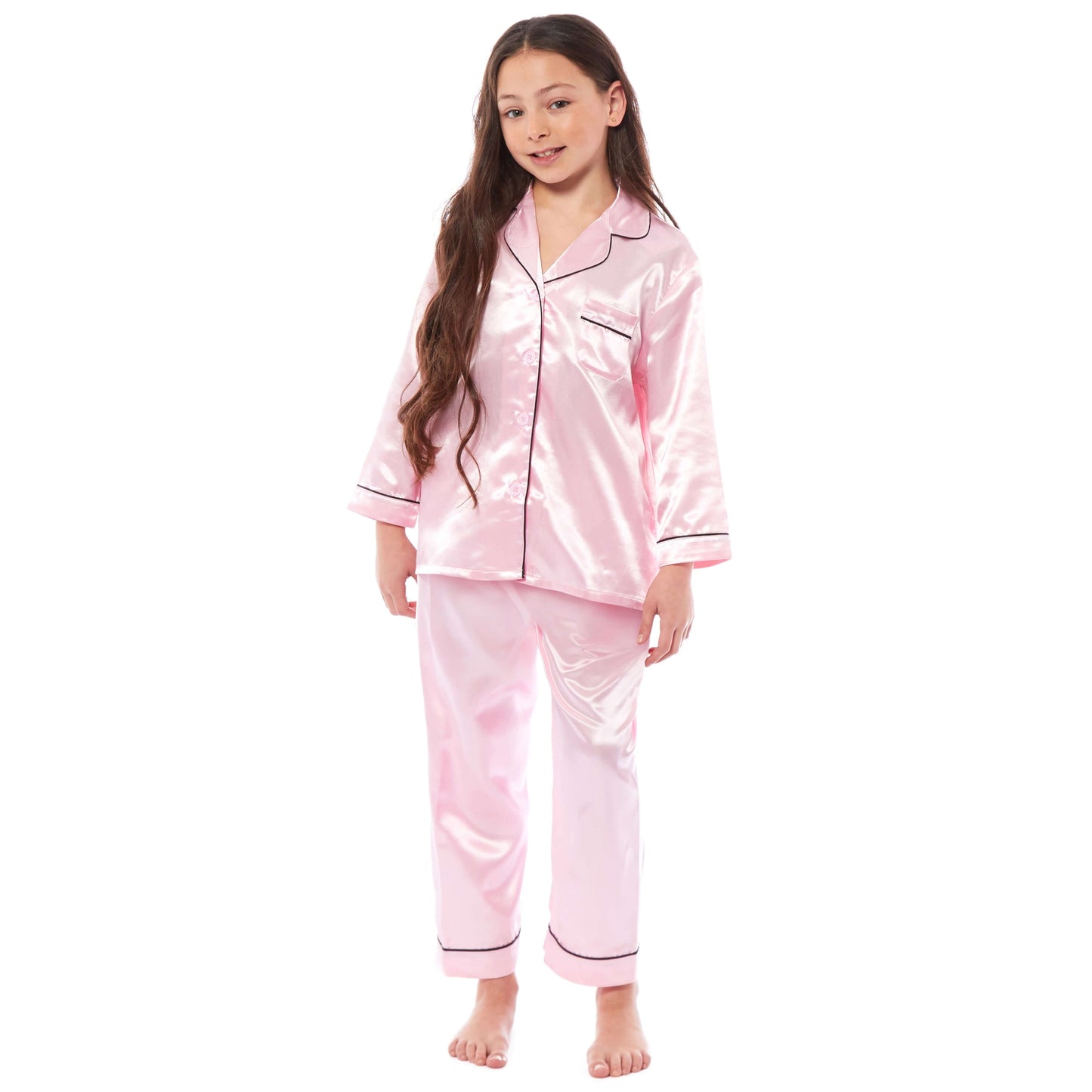 Girls Long Sleeve Satin Silk Pyjama Set Comfortable Button-Down Sleepwear in Black Pink Grey Sizes 5-14 YRS by Daisy Dreamer