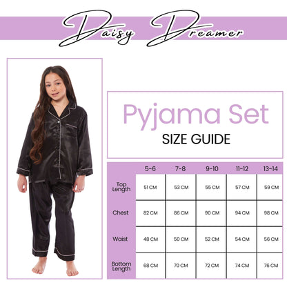 Girls Long Sleeve Satin Silk Pyjama Set Comfortable Button-Down Sleepwear in Black Pink Grey Sizes 5-14 YRS by Daisy Dreamer