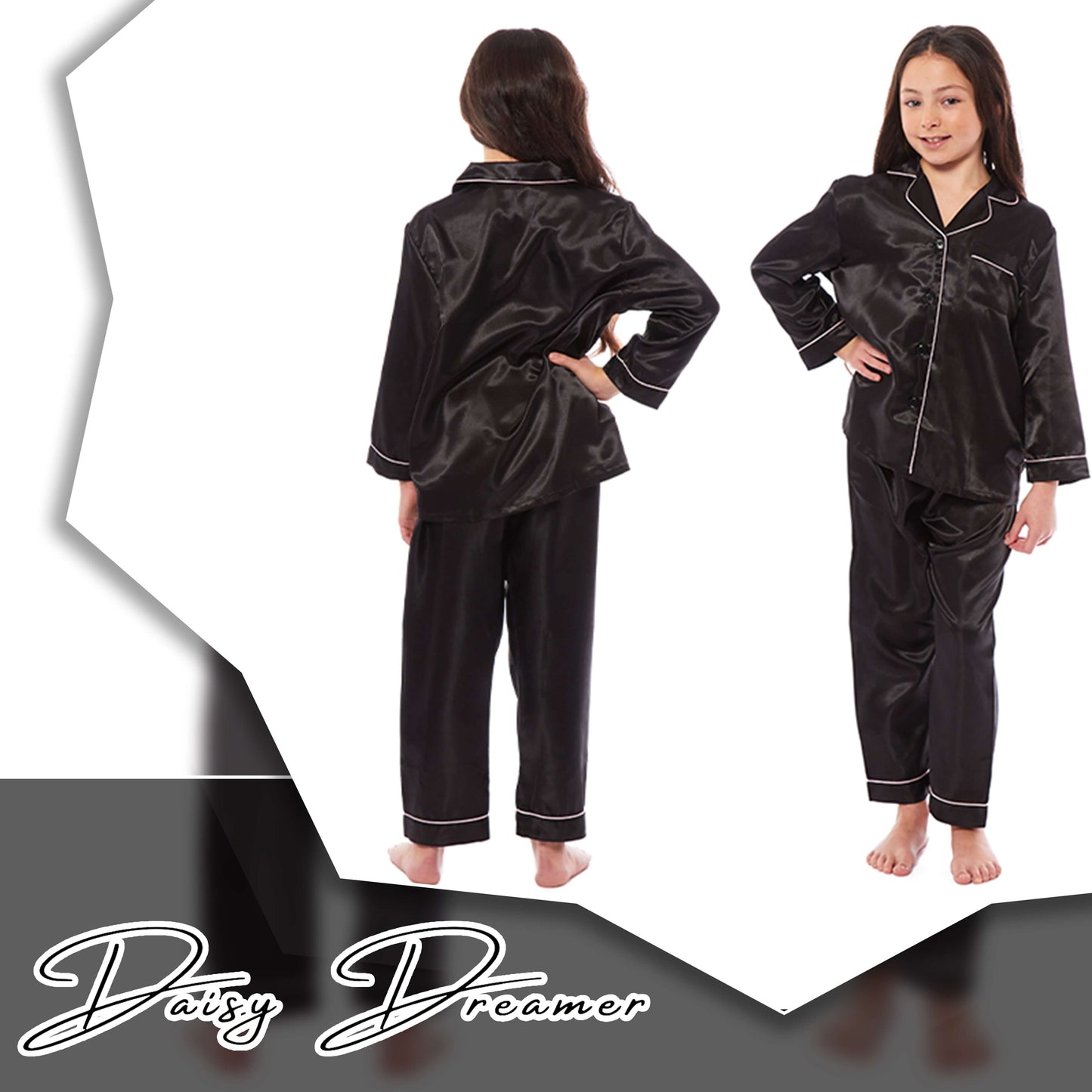 Girls Long Sleeve Satin Silk Pyjama Set Comfortable Button-Down Sleepwear in Black Pink Grey Sizes 5-14 YRS by Daisy Dreamer