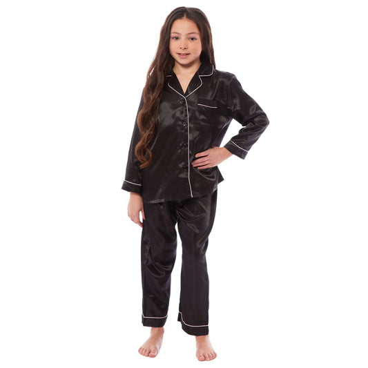 Girls Long Sleeve Satin Silk Pyjama Set Comfortable Button-Down Sleepwear in Black Pink Grey Sizes 5-14 YRS by Daisy Dreamer
