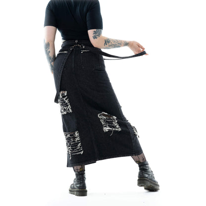 Vixxsin Runa Distressed Denim Maxi Skirt – Black Stonewash