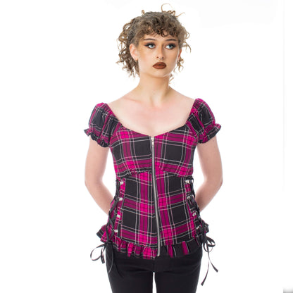 Heartless Hemlock Top – Ladies Dark Pink Check Gothic Corset Top