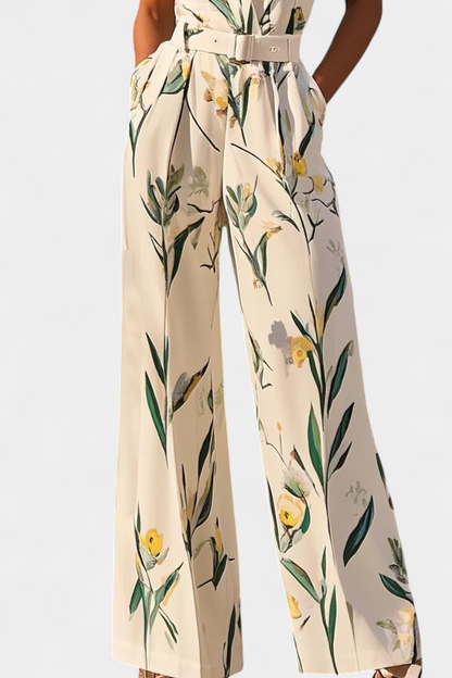 Slara Vacation Jumpsuit with Deep V-Neckline and Adjustable Belt