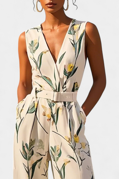 Slara Vacation Jumpsuit with Deep V-Neckline and Adjustable Belt