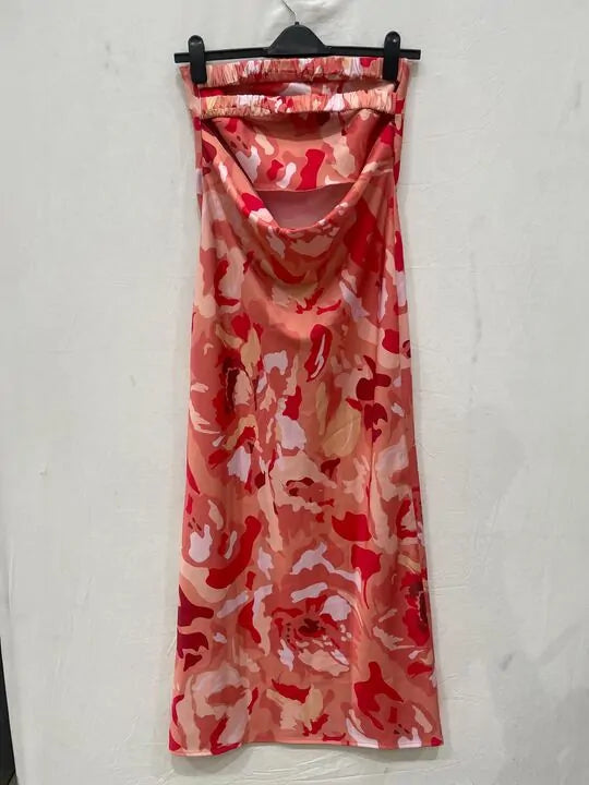 Pretty Lavish - 12- Pink Mélange Printed Heather Bandeau Maxi Dress Size: 12