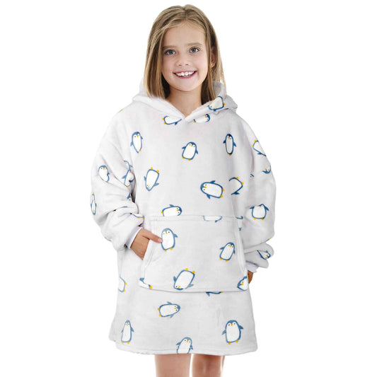 Kids Cozy Oversized Hooded Penguin Blanket Plush Flannel Fleece Hoodie with Sherpa Lining Ages 8-15 Warm Comfortable Durable Loungewear Gift by Daisy Dreamer