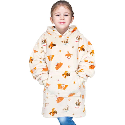 Kids Oversized Hooded Blanket Sweatshirt Ultra Soft Sherpa Fur Flannel Fleece Hoodie for Ages 8-15 with Fun Dog Print by Daisy Dreamer