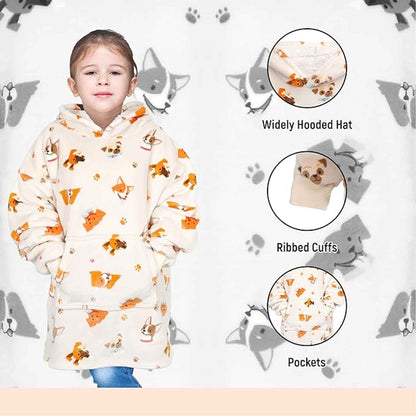 Kids Oversized Hooded Blanket Sweatshirt Ultra Soft Sherpa Fur Flannel Fleece Hoodie for Ages 8-15 with Fun Dog Print by Daisy Dreamer