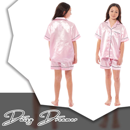 Kids Satin Silk Pyjama Set for Girls with Button-Down Shirt and Loose-Fitting Pants Comfortable Loungewear in Black Pink Grey Ages 5-14 by Daisy Dreamer