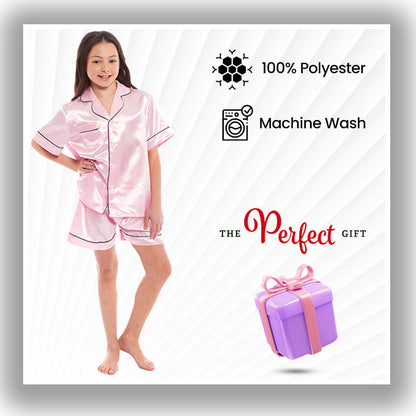 Kids Satin Silk Pyjama Set for Girls with Button-Down Shirt and Loose-Fitting Pants Comfortable Loungewear in Black Pink Grey Ages 5-14 by Daisy Dreamer