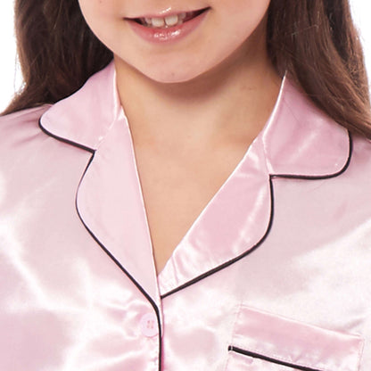 Kids Satin Silk Pyjama Set for Girls with Button-Down Shirt and Loose-Fitting Pants Comfortable Loungewear in Black Pink Grey Ages 5-14 by Daisy Dreamer