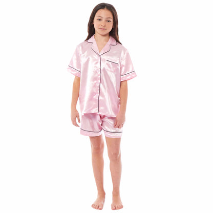 Kids Satin Silk Pyjama Set for Girls with Button-Down Shirt and Loose-Fitting Pants Comfortable Loungewear in Black Pink Grey Ages 5-14 by Daisy Dreamer