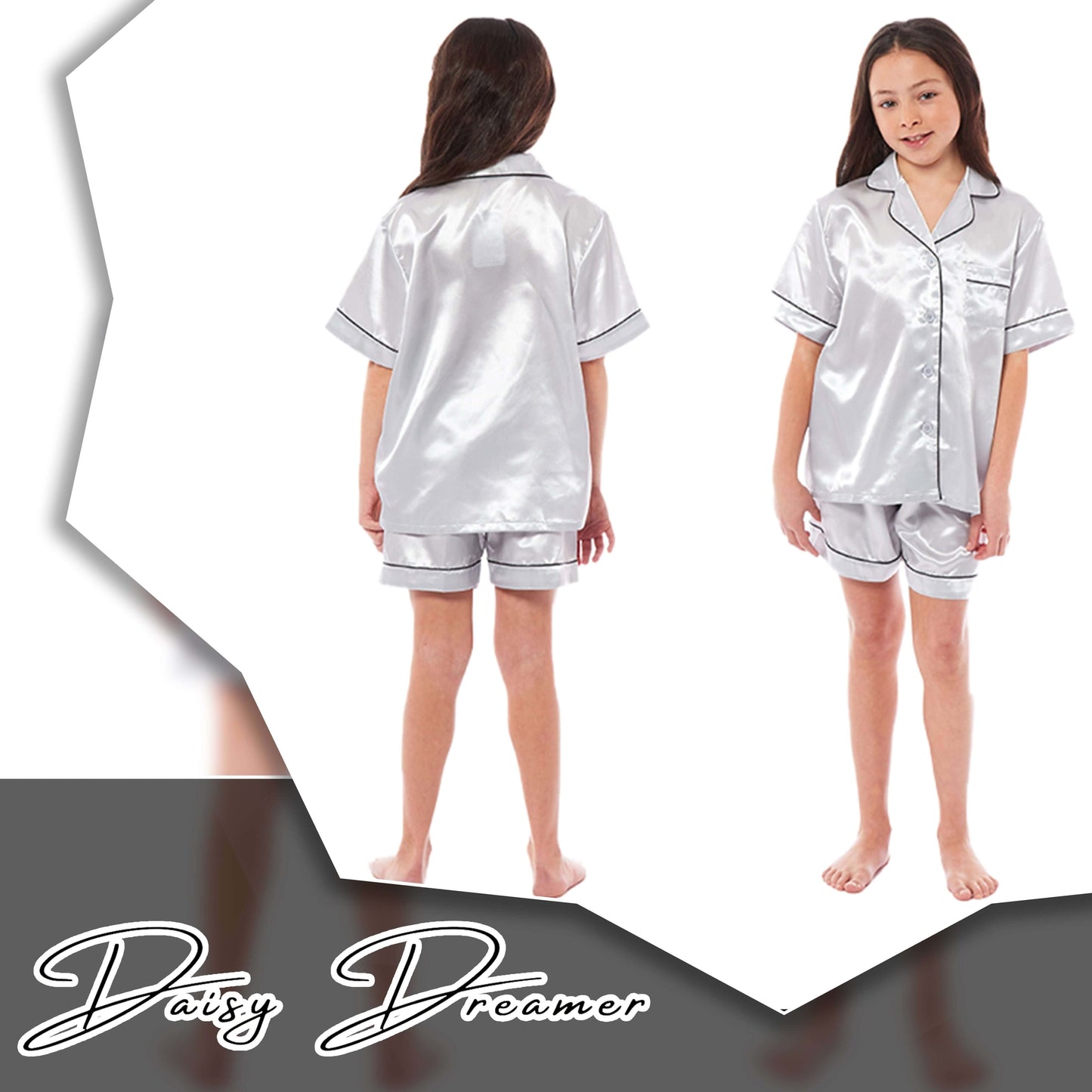 Kids Satin Silk Pyjama Set for Girls with Button-Down Shirt and Loose-Fitting Pants Comfortable Loungewear in Black Pink Grey Ages 5-14 by Daisy Dreamer