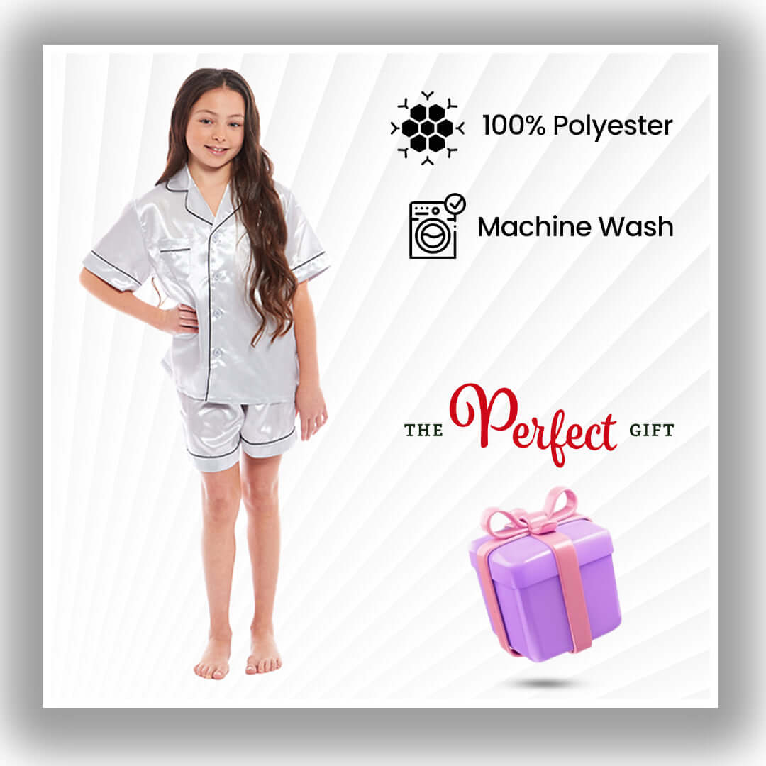 Kids Satin Silk Pyjama Set for Girls with Button-Down Shirt and Loose-Fitting Pants Comfortable Loungewear in Black Pink Grey Ages 5-14 by Daisy Dreamer