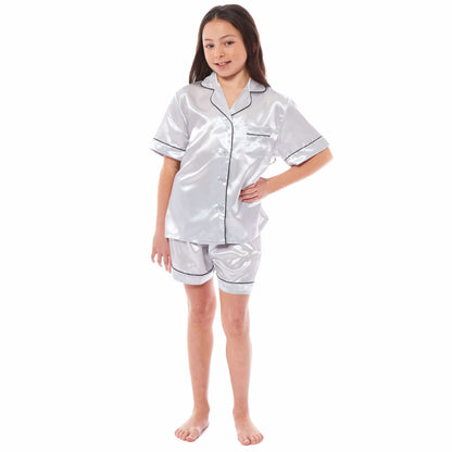 Kids Satin Silk Pyjama Set for Girls with Button-Down Shirt and Loose-Fitting Pants Comfortable Loungewear in Black Pink Grey Ages 5-14 by Daisy Dreamer