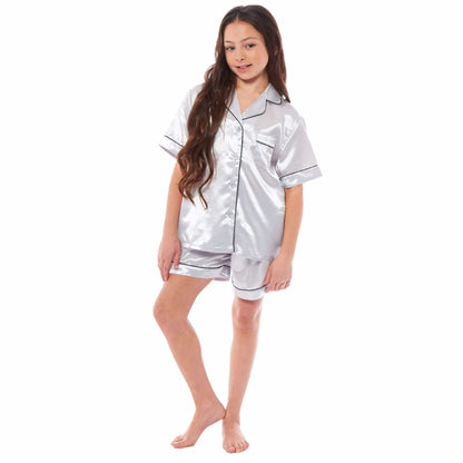 Kids Satin Silk Pyjama Set for Girls with Button-Down Shirt and Loose-Fitting Pants Comfortable Loungewear in Black Pink Grey Ages 5-14 by Daisy Dreamer